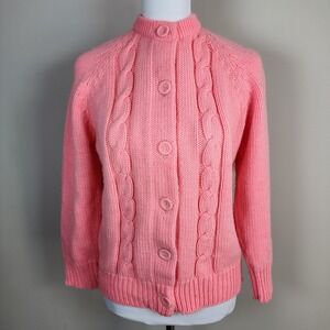 Vtg 60s Pink Cable Knit Cardigan Sweater Young Cosmopolitans Collage Originals M